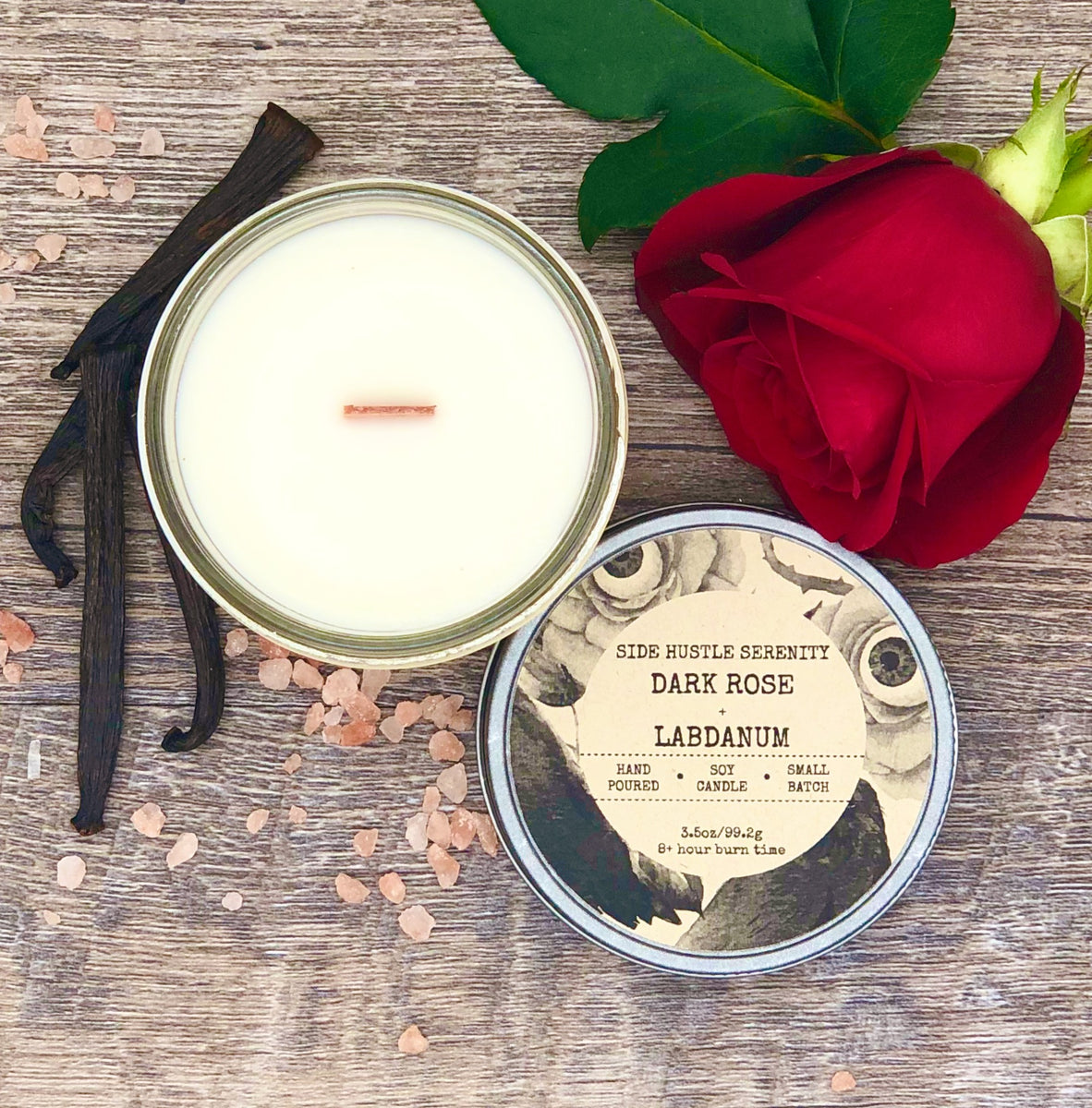 Dark Rose + Labdanum Scented Soy Candle | Clean Burning Wood Wick Candle –  Side Hustle Serenity