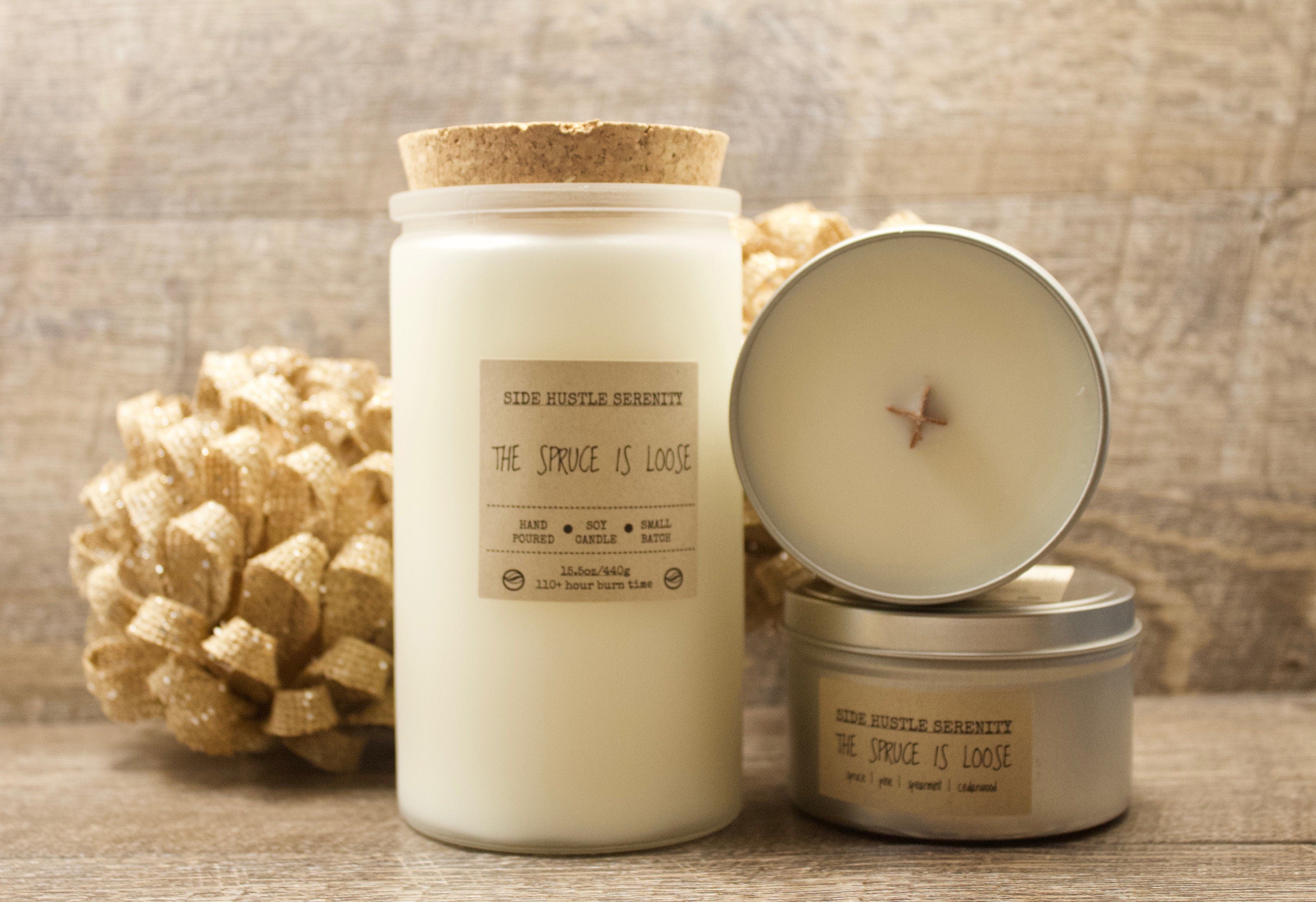 The Spruce Is Loose | Blue Spruce Scented Soy Candle | 15.5oz Frosted White Glass Container | Wood Wick | Merry Christmas Candle Gift