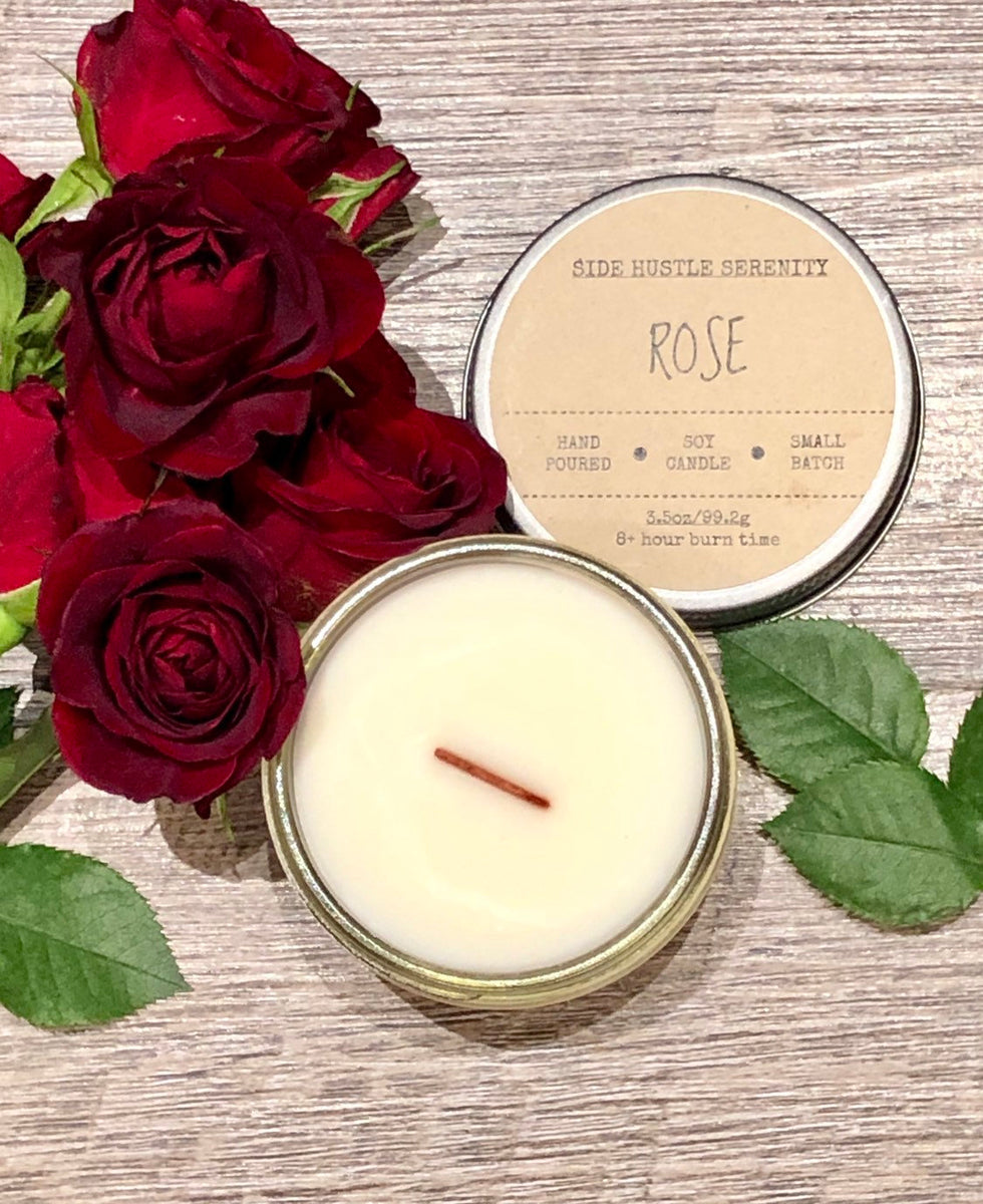 Rose Scented Soy Candle | Clean Burning Woodwick | Romance Candles – Side  Hustle Serenity