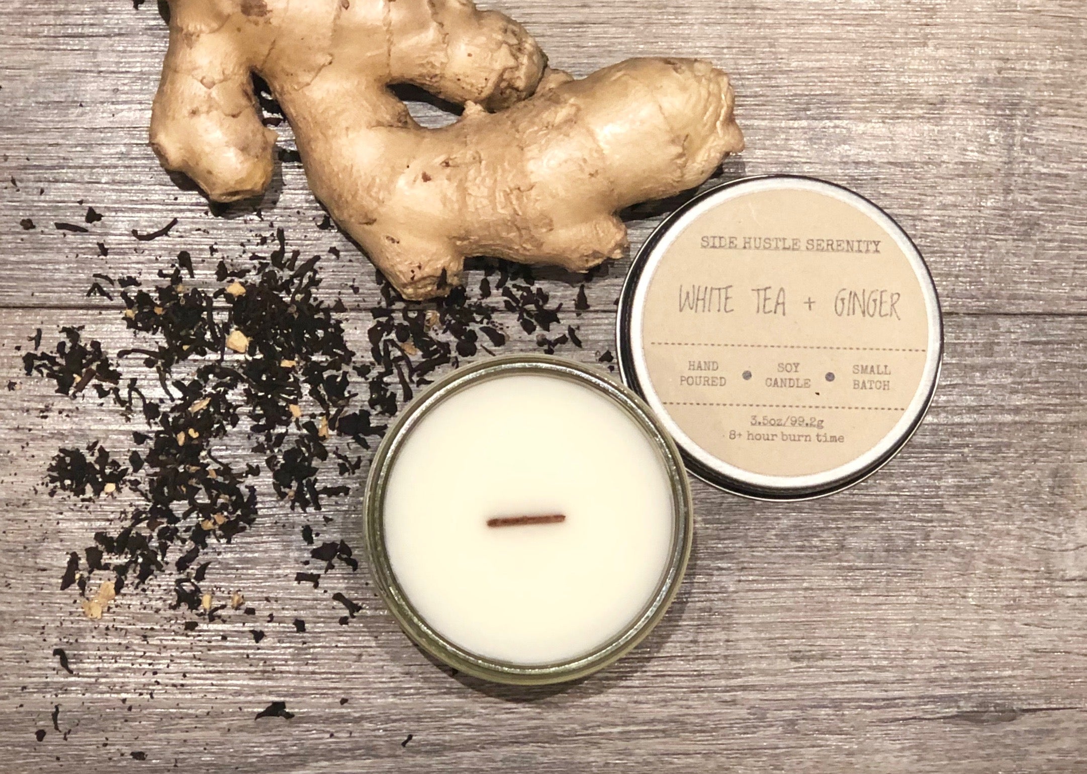 White Tea + Ginger Scented Soy Candle - Side Hustle Serenity