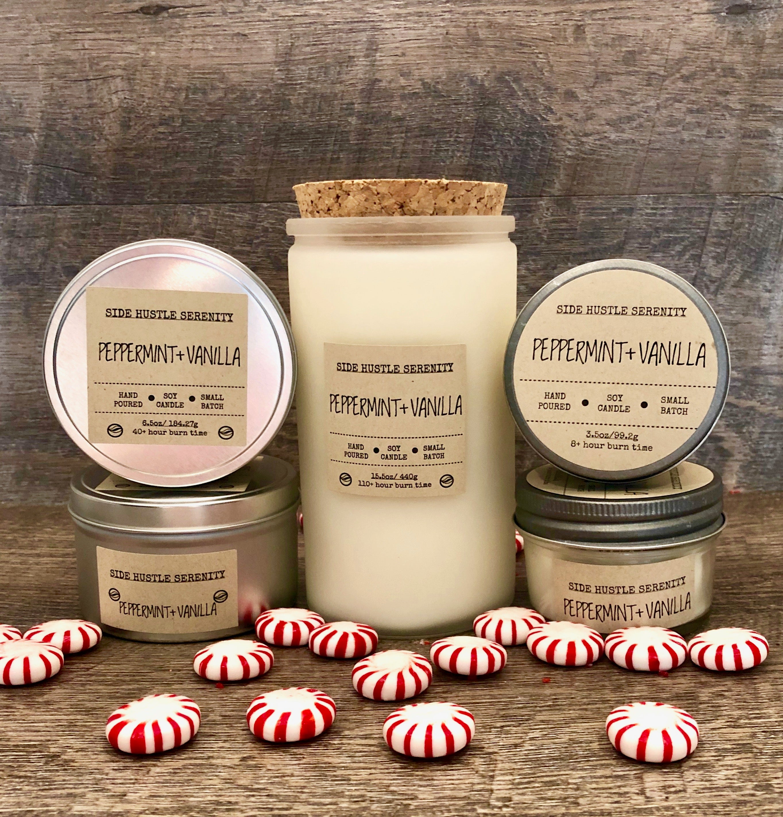 Peppermint + Vanilla Scented Soy Candle - Side Hustle Serenity
