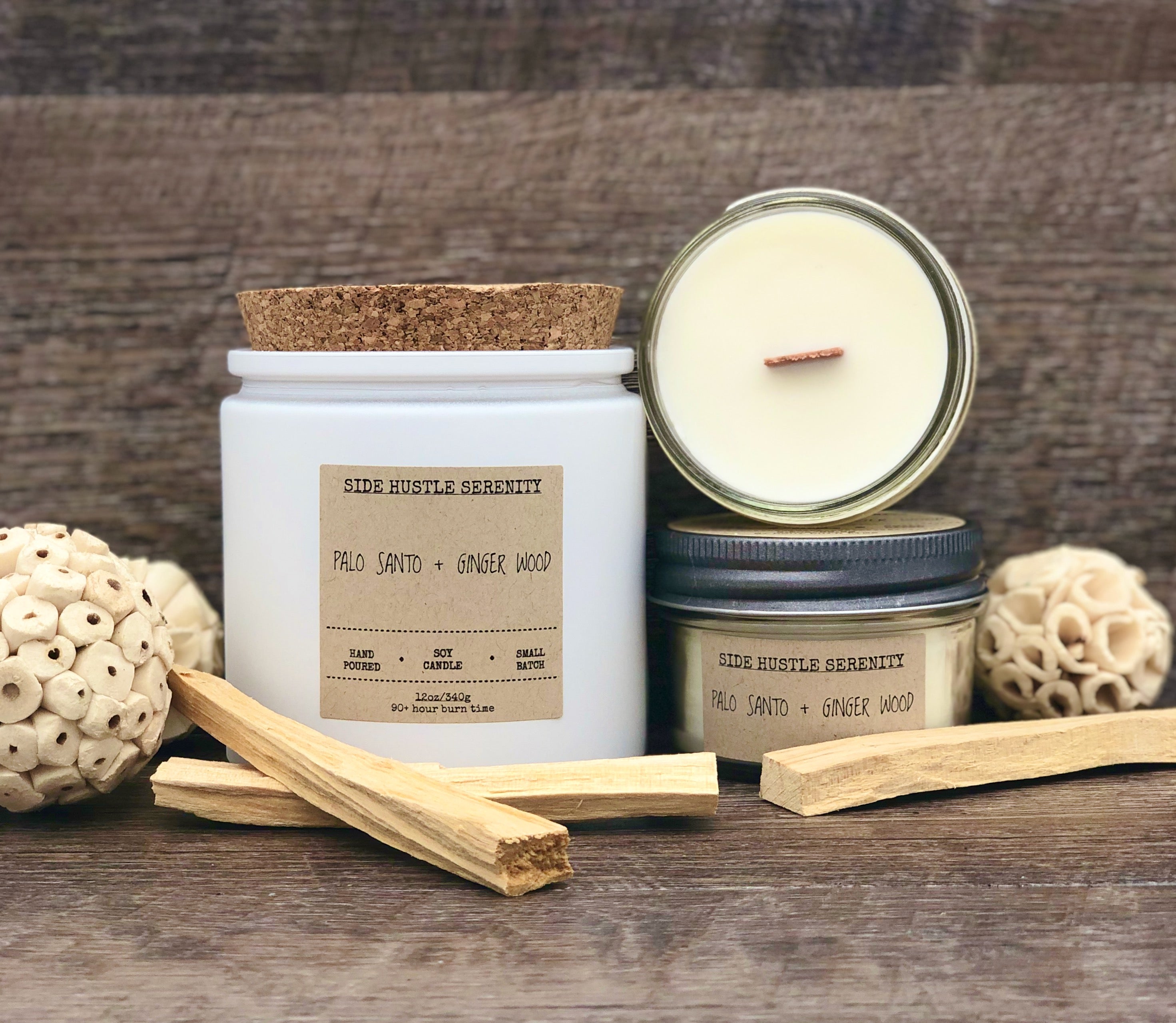 Palo Santo + Ginger Wood Scented Soy Candle - Side Hustle Serenity