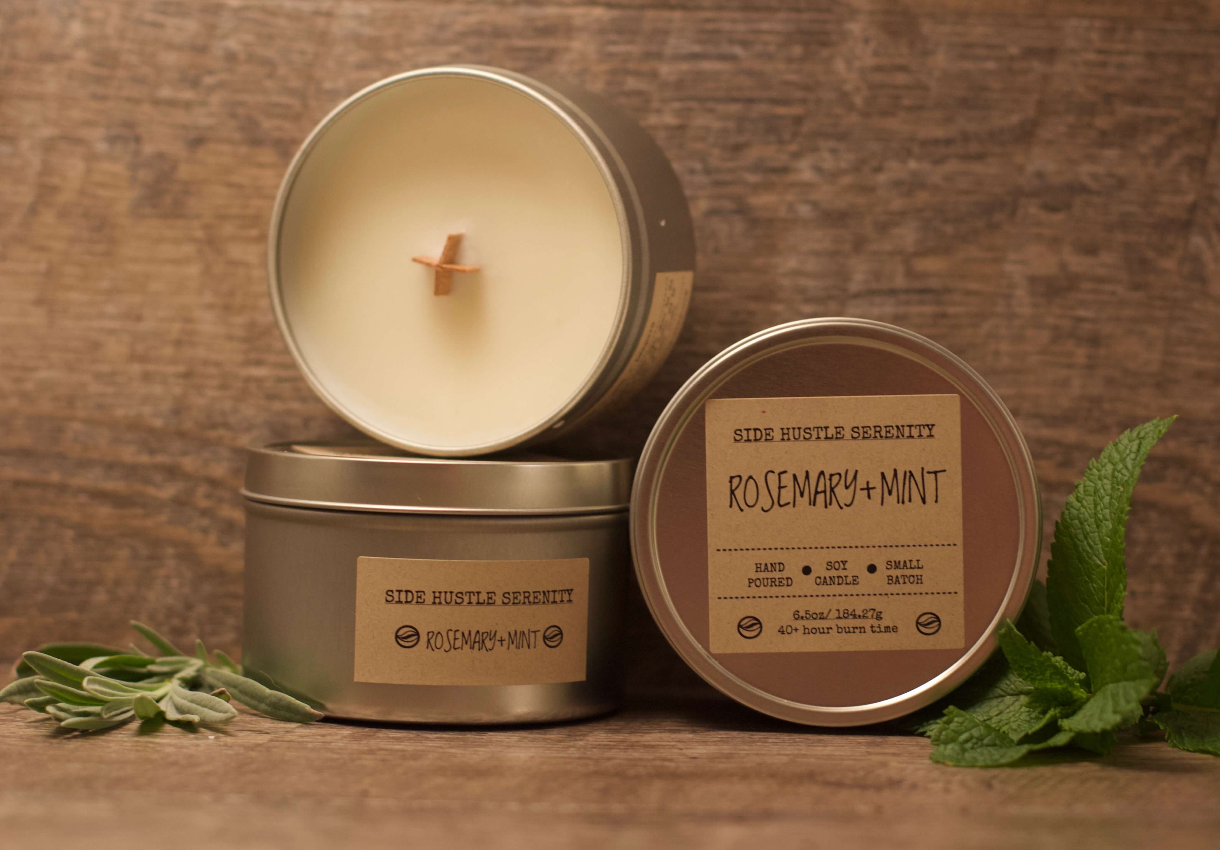 Rosemary + Mint Scented Soy Candle - Side Hustle Serenity