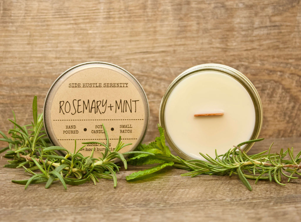 Rosemary + Mint Scented Soy Candle - Side Hustle Serenity