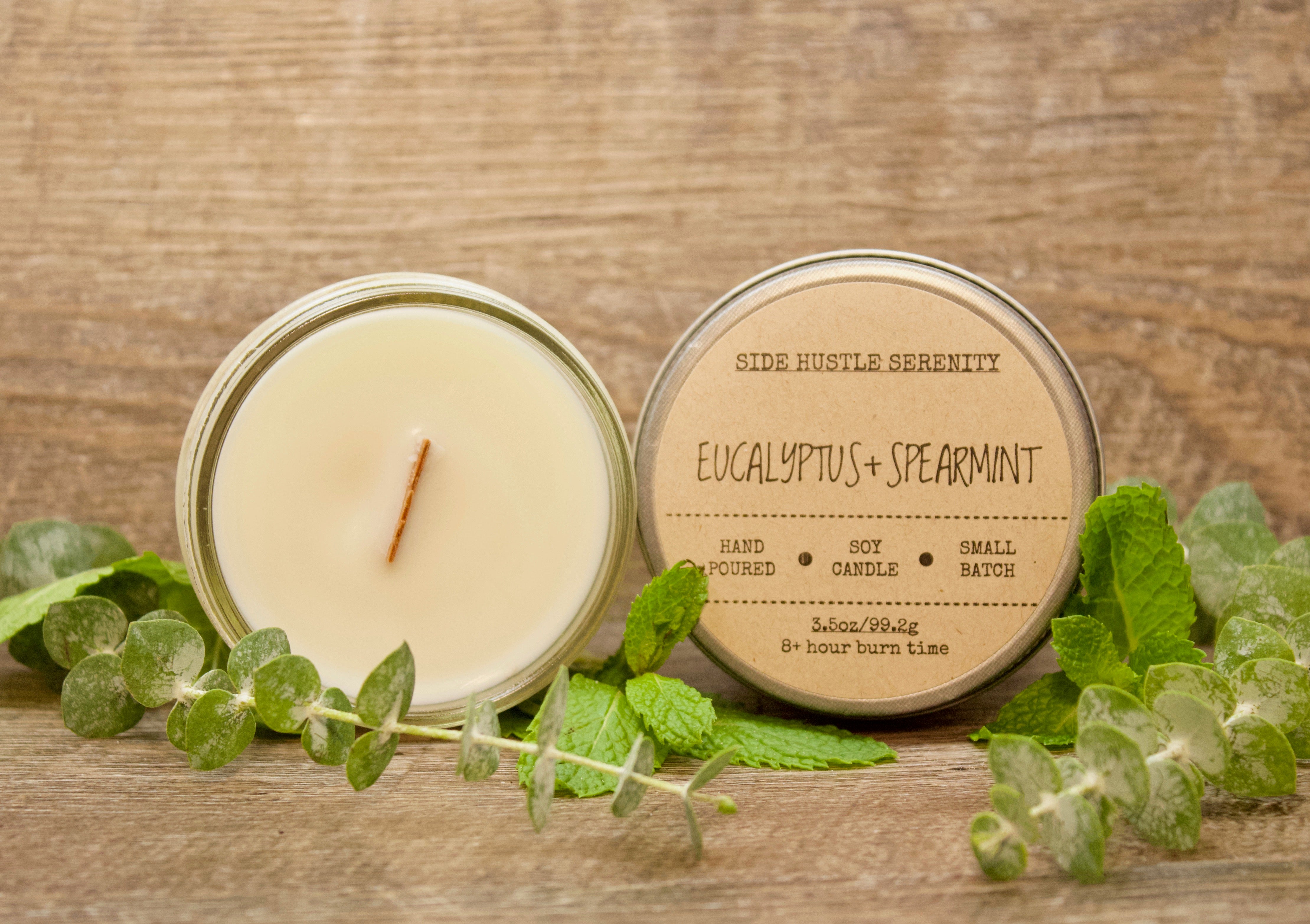 Eucalyptus + Spearmint Scented Soy Candle - Side Hustle Serenity