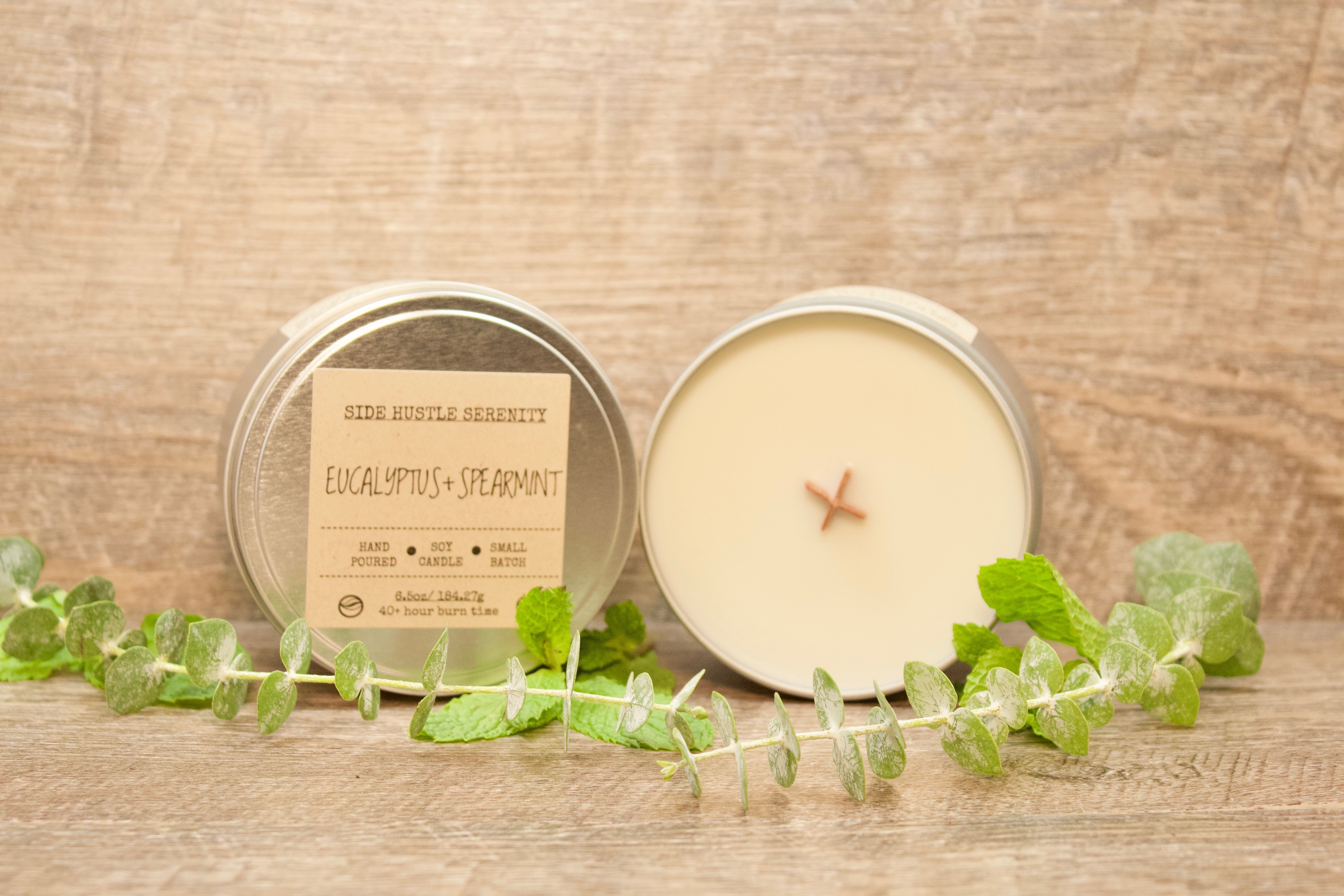 Eucalyptus + Spearmint Scented Soy Candle - Side Hustle Serenity