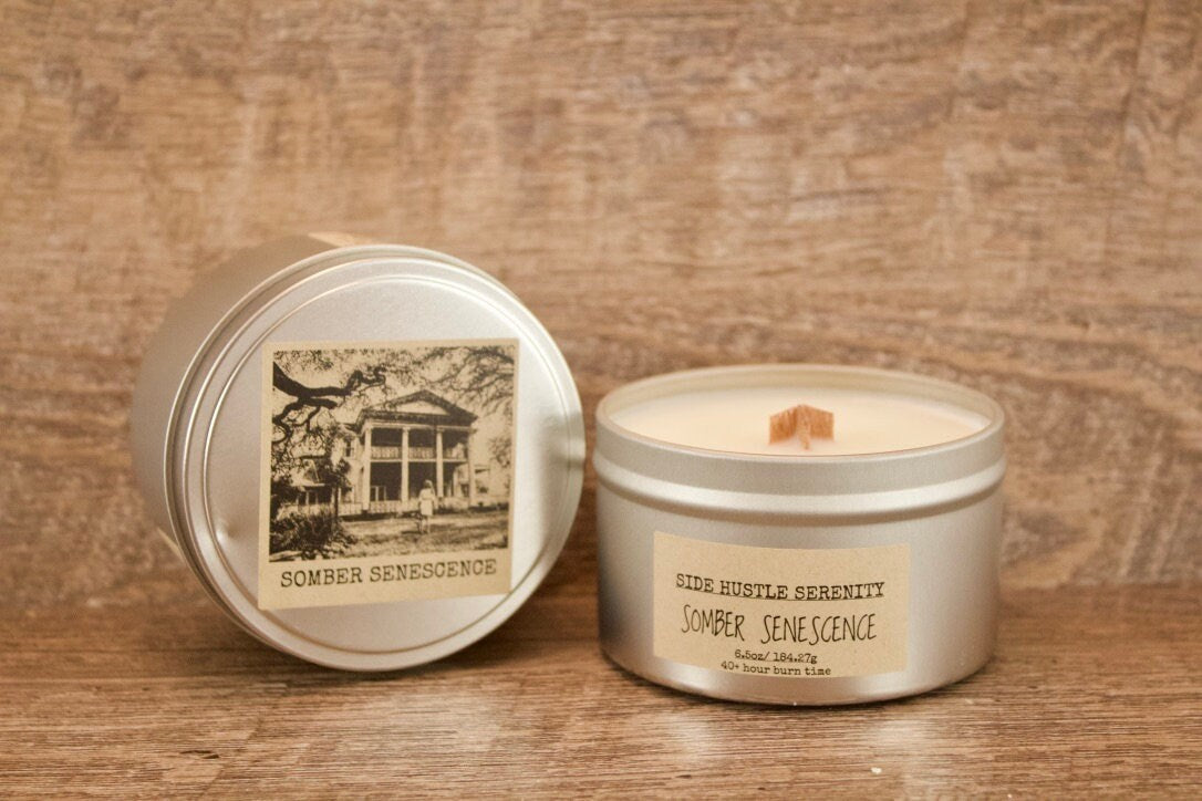 Somber Senescence | Rose Scented Soy Candle | 6.5oz Tin | Spooky Candle | Photography | Gothic Candle | Haunted House Candle | Scary Story