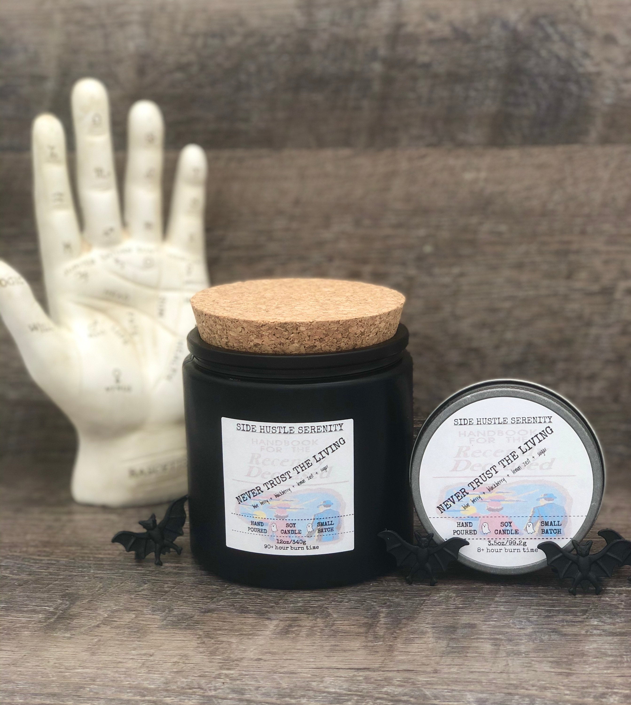 Never Trust the Living |  Blueberry Scented Soy Candle | 12oz Candle Jar | Wood Wick | Halloween | Spooky | Beetlejuice | Haunted Horror