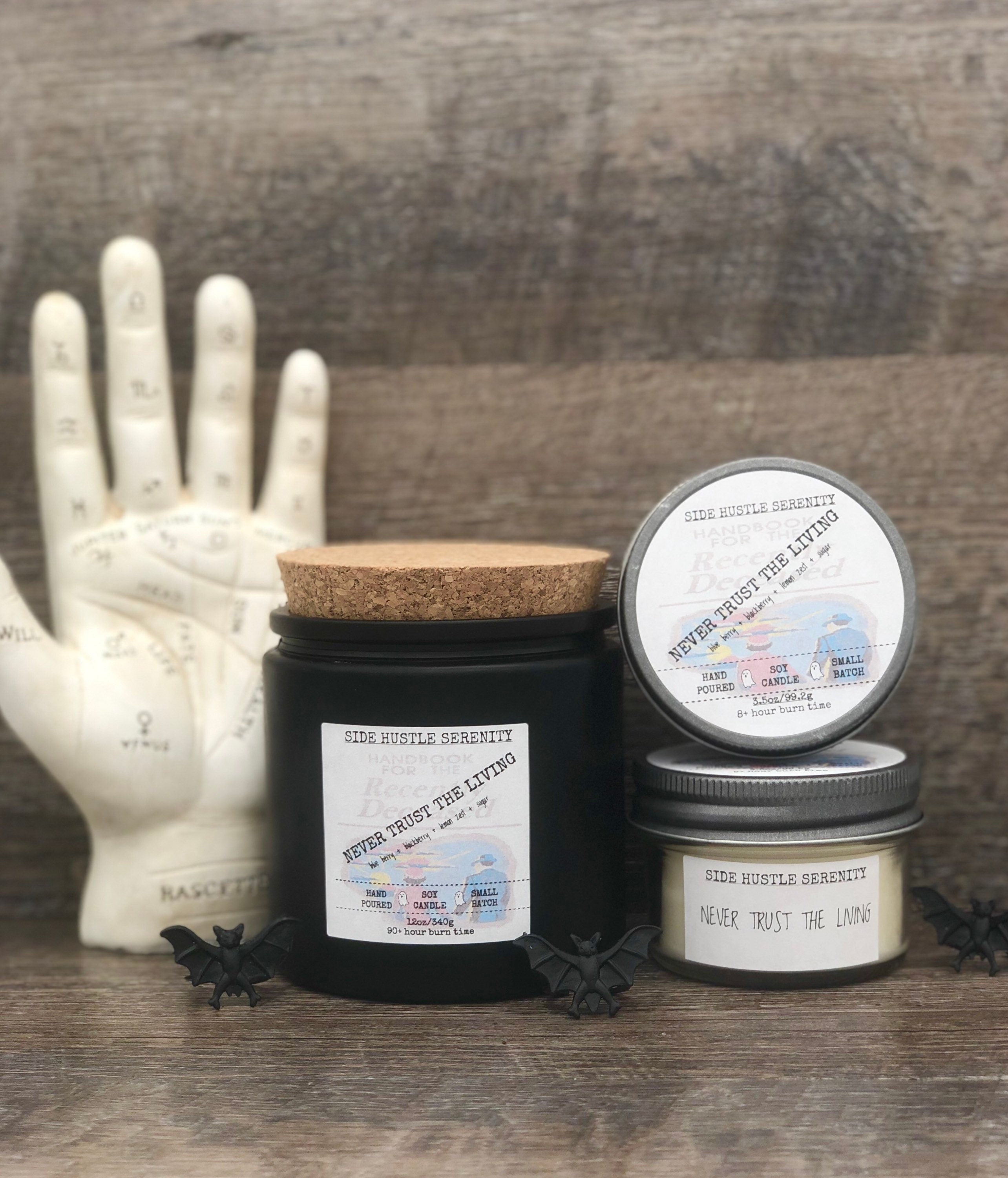 Never Trust the Living |  Blueberry Scented Soy Candle | 3.5oz Candle Jar | Cult Classic | Halloween | Spooky | Beetlejuice | Haunted Horror