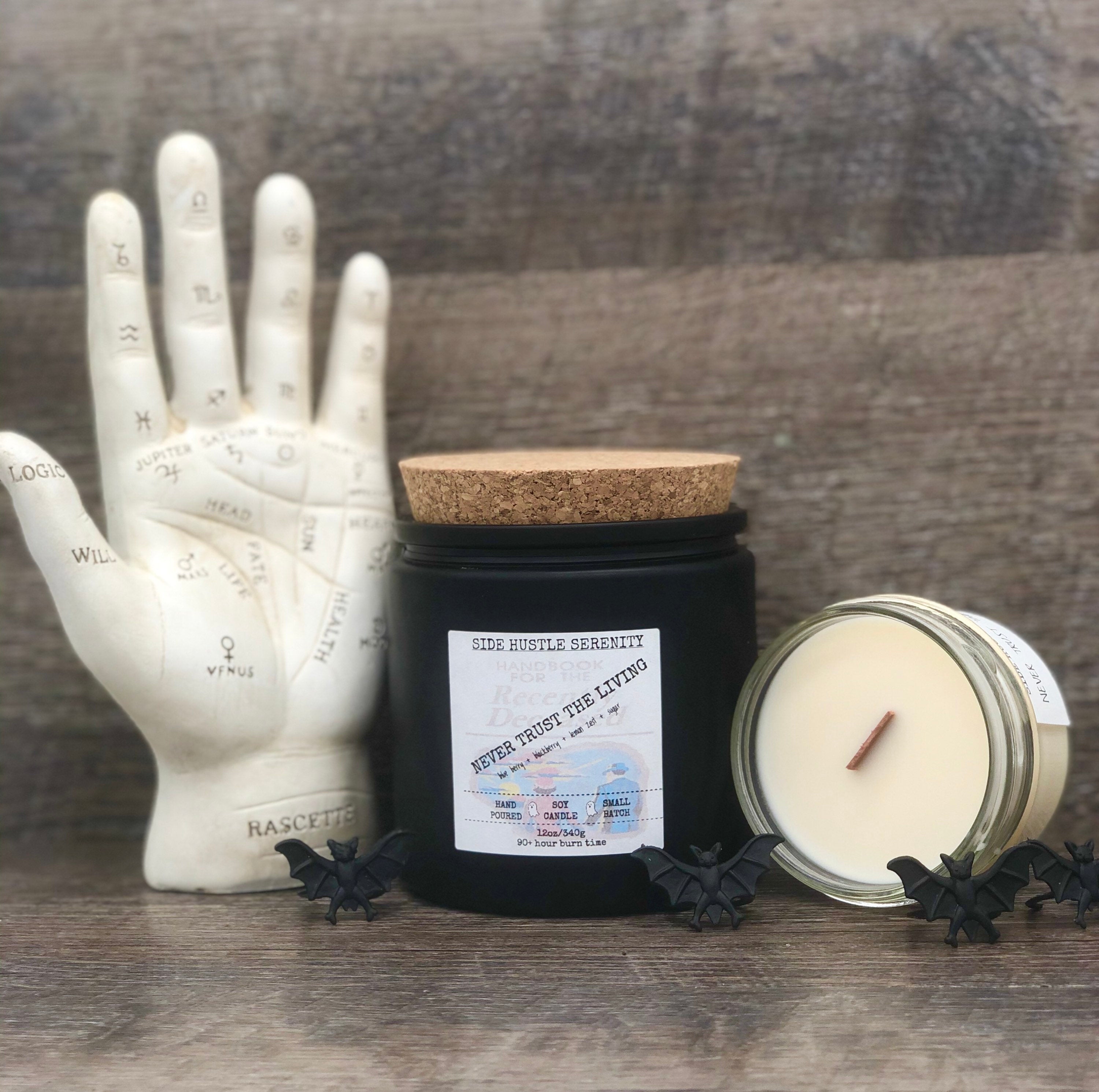 Never Trust the Living |  Blueberry Scented Soy Candle | 12oz Candle Jar | Wood Wick | Halloween | Spooky | Beetlejuice | Haunted Horror