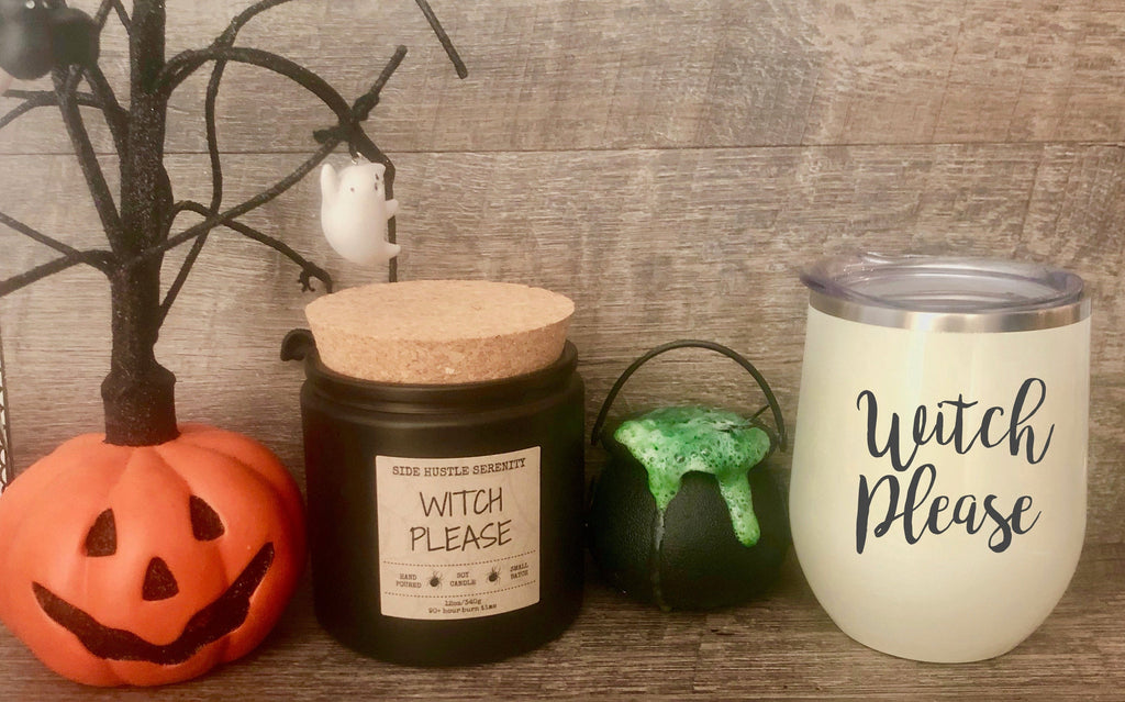 WITCH PLEASE Gift Set | Stemless Wine Tumbler |  Resting Witch Face Gift | Girls Night | Halloween Gift | Festive Fall Apple Scented Candle - Side Hustle Serenity