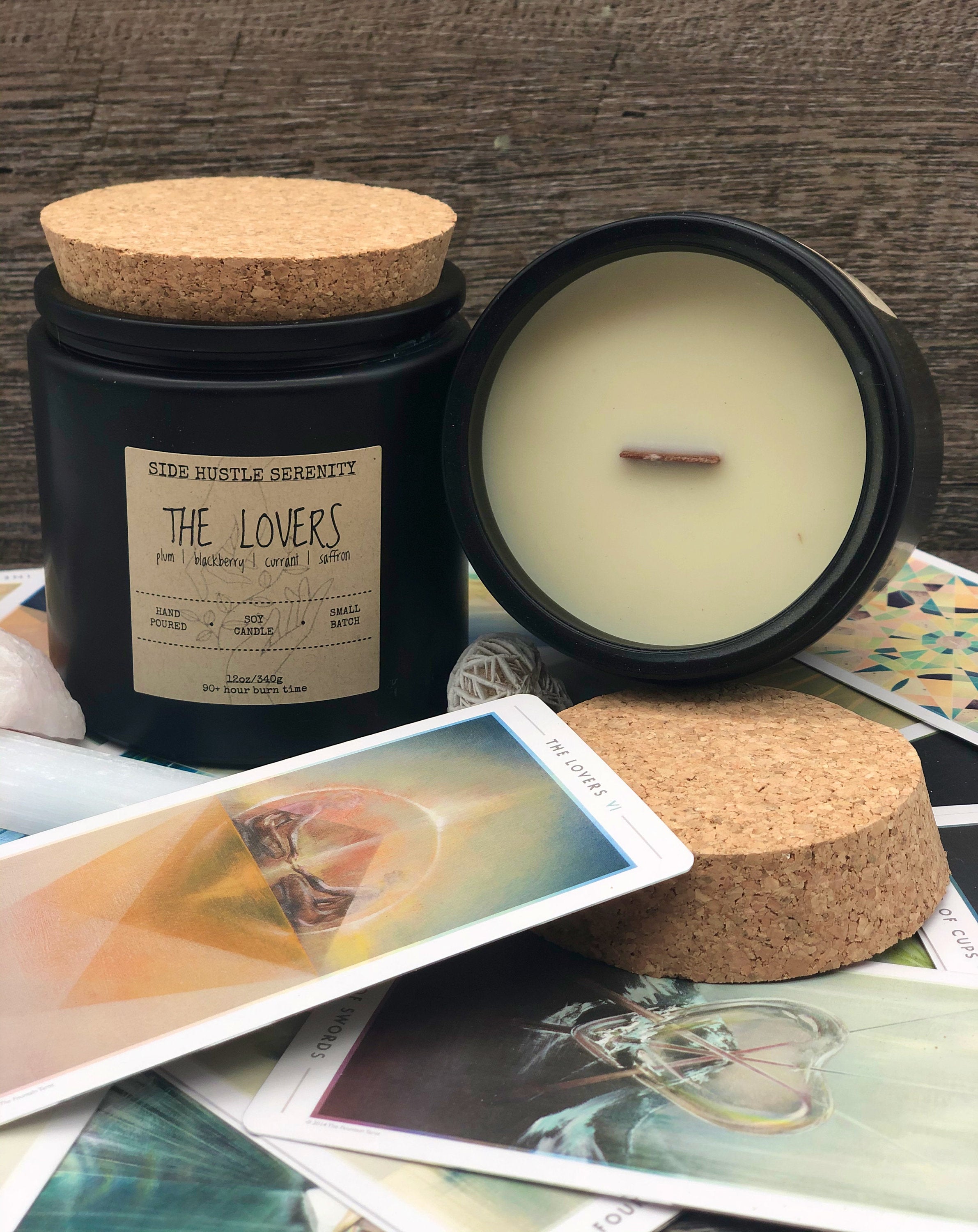 THE LOVERS Plum + Blackberry + Currant + Saffron Scented Soy Candle | 12oz Wood WIck Candle | Enchanting Candle | Gypsy Candle | Tarot Card
