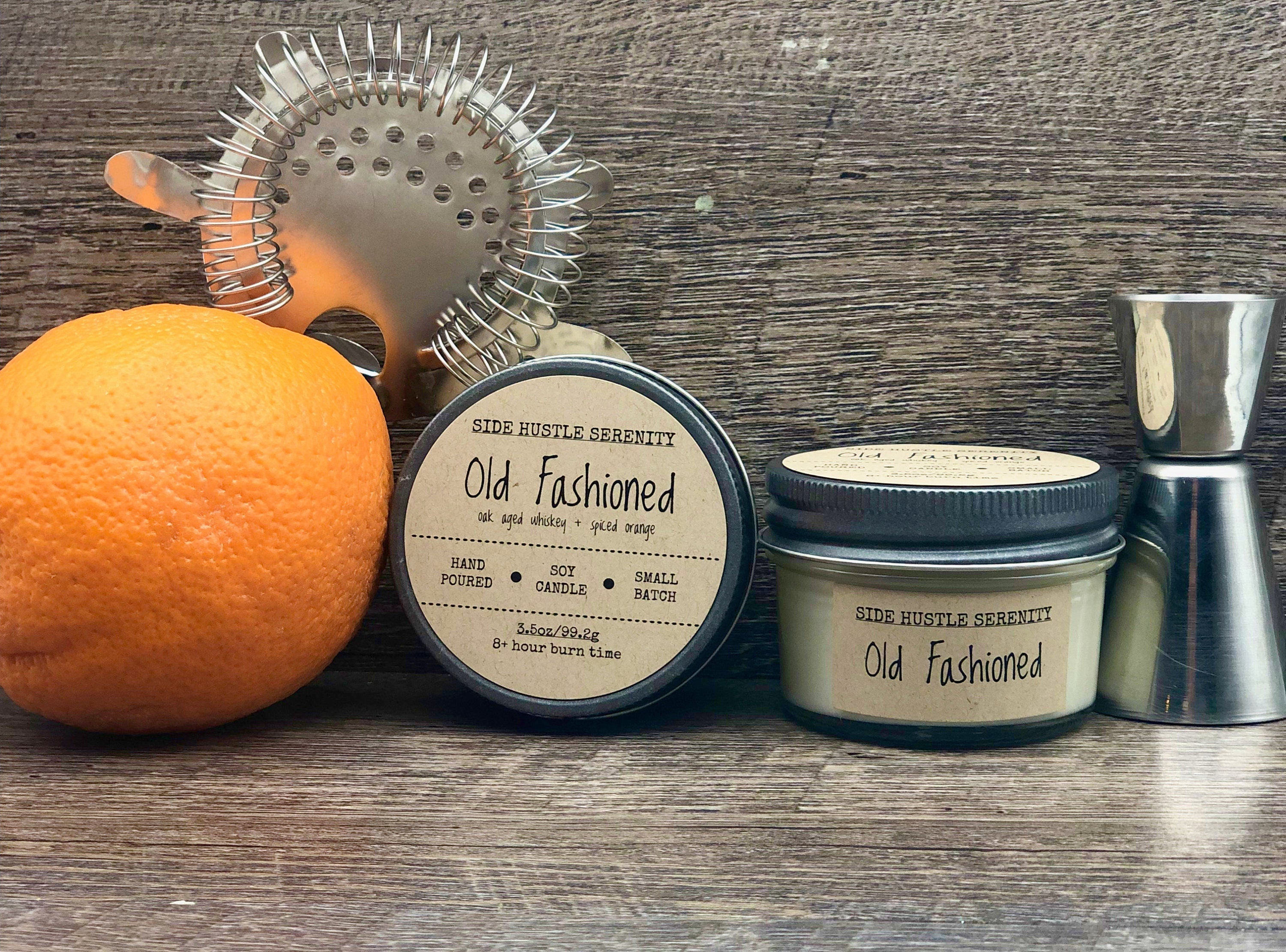 OLD FASHIONED Scented Soy Candle | 3.5oz. Candle Jar with Pewter Screw Top | Wooden Wick | Gift for Him | Whiskey Lovers Gift Idea | Dad