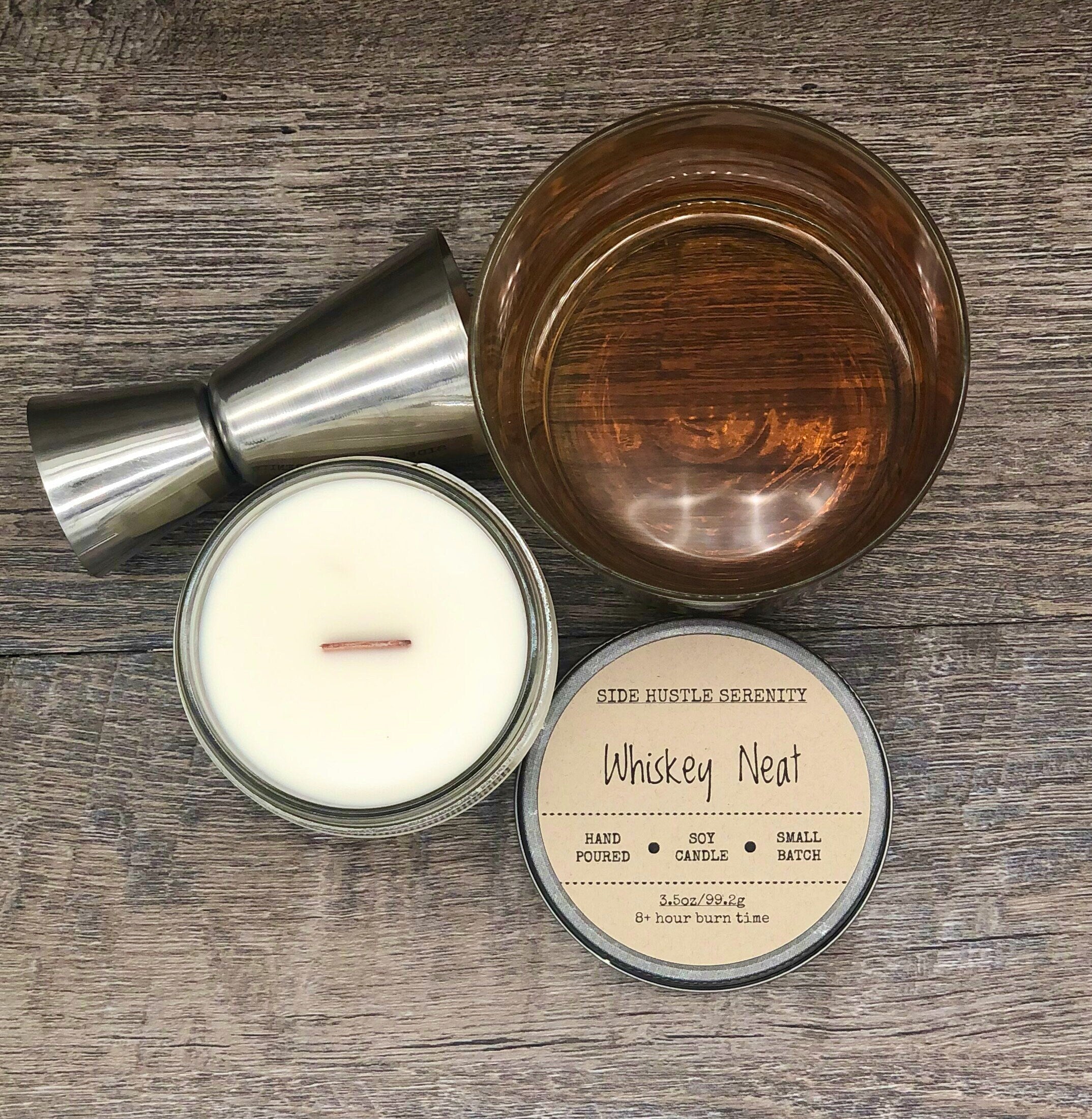 WHISKEY NEAT Scented Soy Candle | 3.5oz. Candle Jar with Pewter Screw Top | Wooden Wick | Gift for Him | Whiskey Lovers Gift Idea | Man Cave