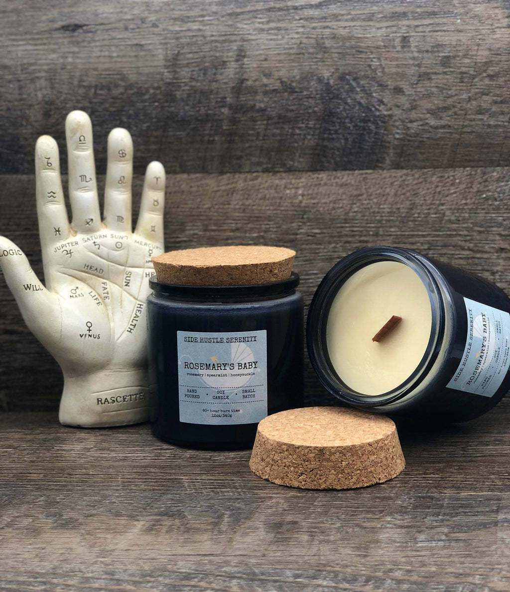 ROSEMARY'S BABY | Rosemary + Spearmint + Honeysuckle Scented Soy Candle | 12oz Candle Jar | Wood Wick | Spooky | Horror Film Candle | Boo