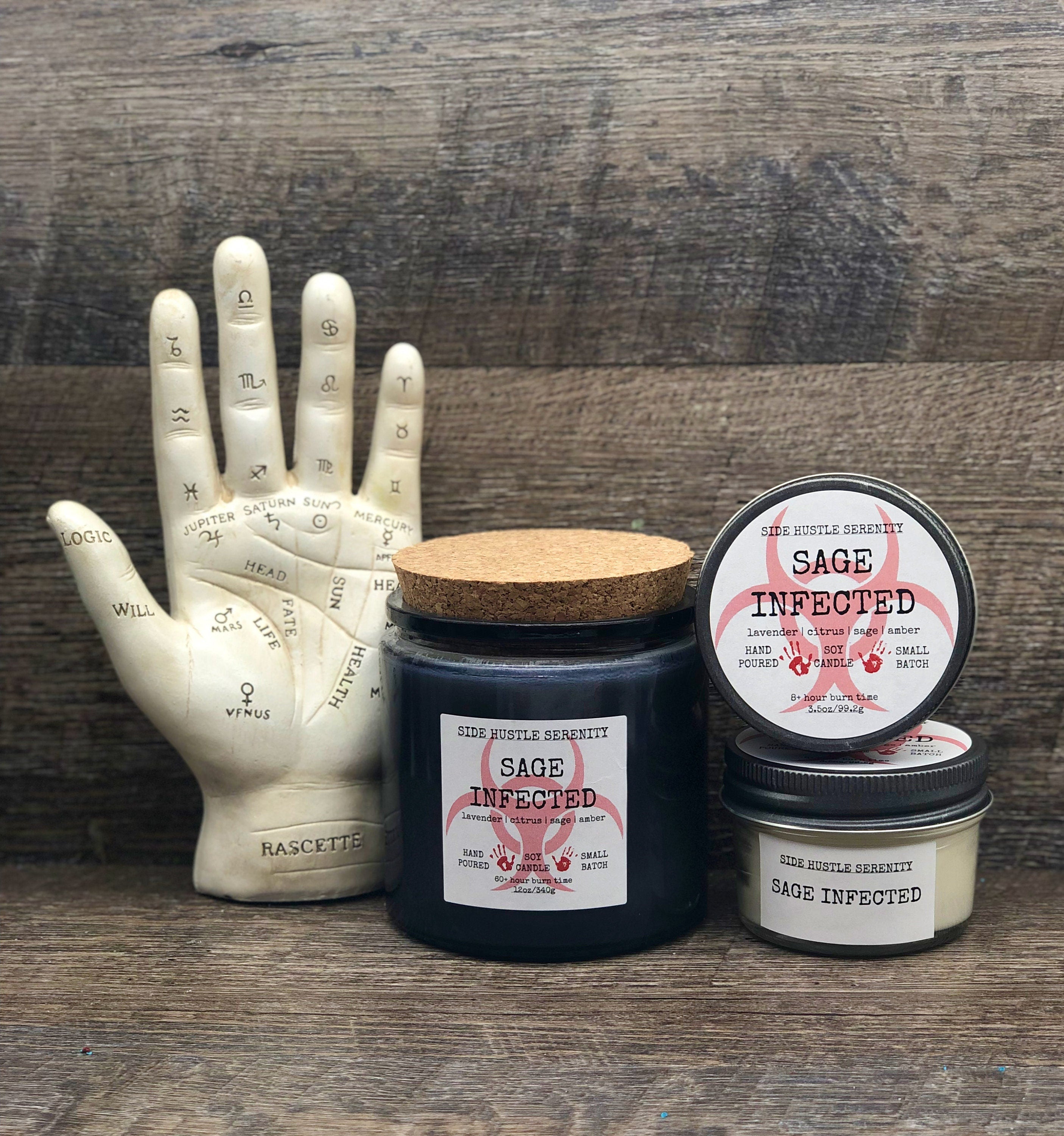 SAGE INFECTED | Lavender + Citrus + Sage + Amber + Fir Scented Soy Candle | 12oz Candle Jar | Wood Wick | Spooky | Horror Film Candle | Boo